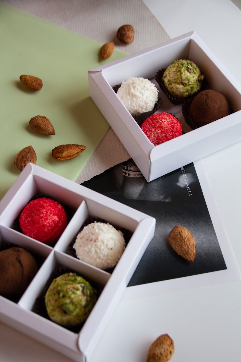 Elegant arrangement of gourmet truffles in boxes surrounded by almonds on a table.