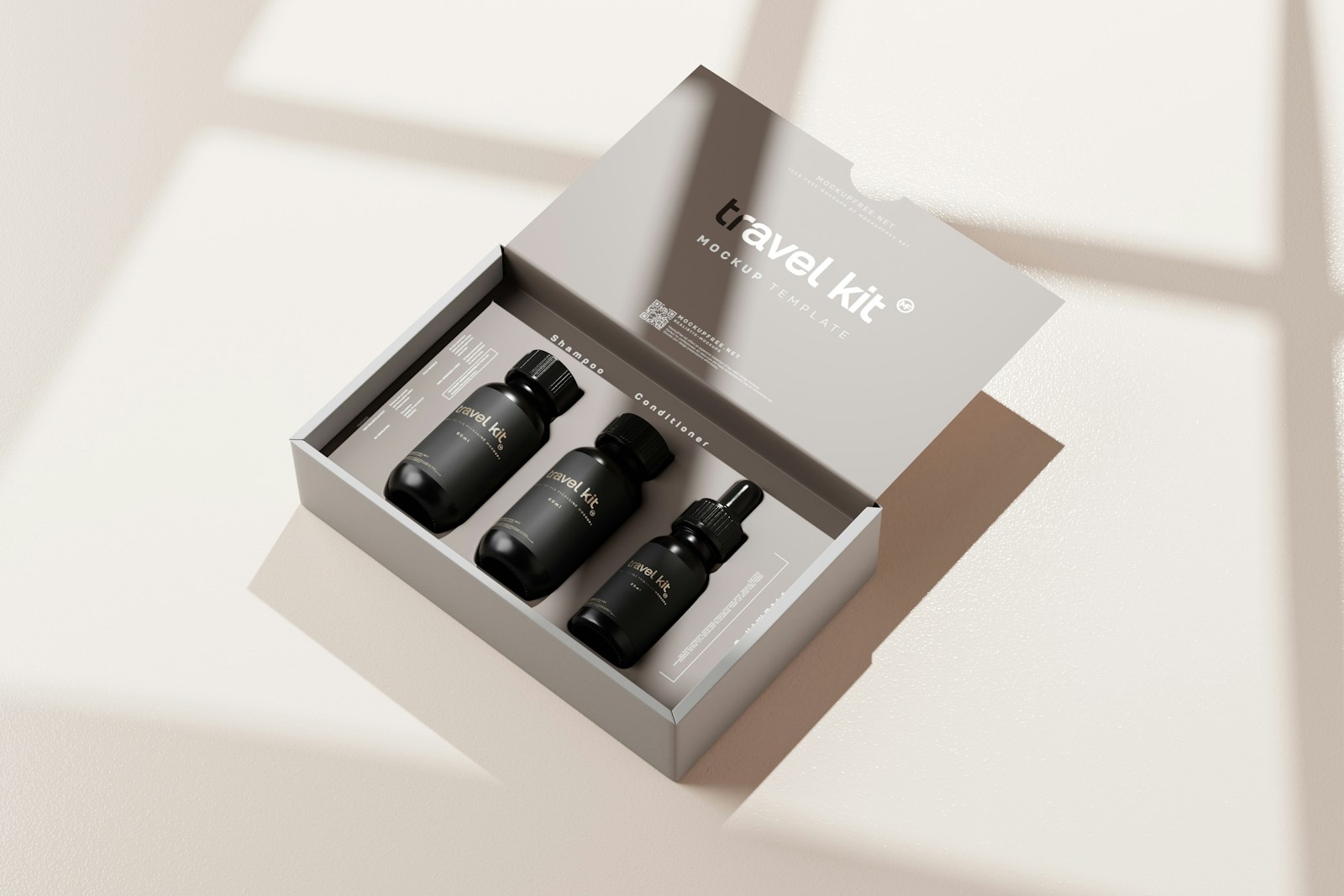 three bottles in a box on a table